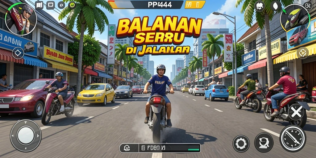 Screenshot gameplay PP444 menampilkan aksi balapan yang mendebarkan.